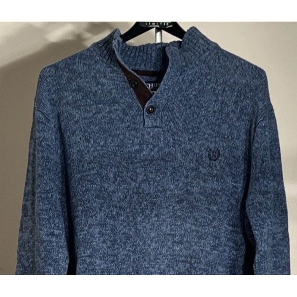 CHAPS Men's 100% Cotton Pullover Sweater, Blue with Brown Elbow Patches Size L